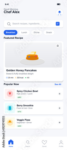 A mobile application interface for a cooking and recipe platform featuring a search bar, meal categories, a featured pancake recipe, and a list of popular food items.