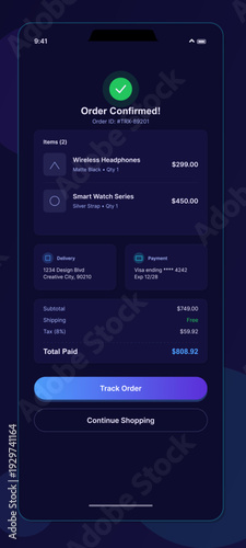 This mobile app user interface shows an order confirmation page with a dark mode design, including a summary of purchased items, delivery details, and a total price breakdown.