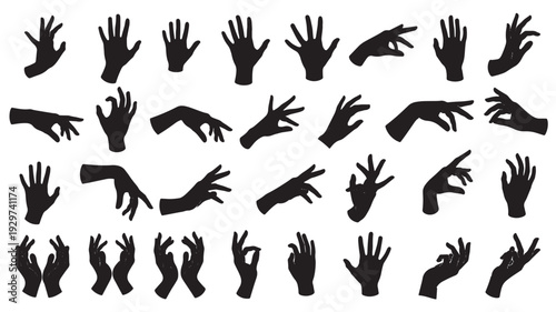 Hands silhouette set with black gesture icons, sign language shapes, pointing and open palms isolated on white background