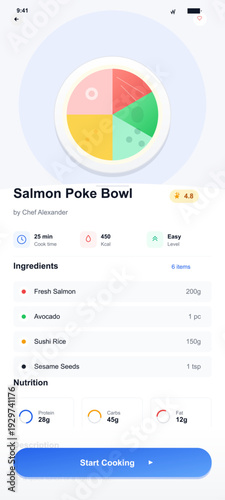 A mobile application interface displaying a recipe for a salmon poke bowl with ingredients, nutritional information, cooking time, and a start cooking button.