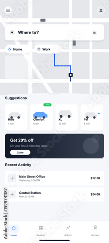 A mobile application interface for a ride-sharing service featuring a map with a route, vehicle options, promotional offers, and recent trip history on a clean white background.