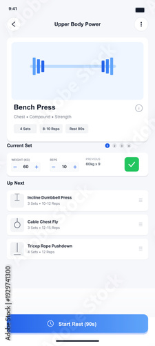 A mobile application interface displays a fitness workout tracker for upper body power, featuring bench press details, weight and rep counters, and a list of upcoming exercises.