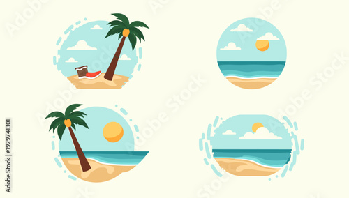 A vibrant illustration depicting a palm tree and beach. Ideal for summer promotions, travel content, or conveying a relaxed, vacation-themed message.