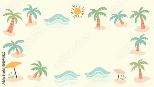 A charming, minimalist illustration of a tropical beach evokes feelings of relaxation and vacation. Perfect for travel blogs, summer promotions, or ba