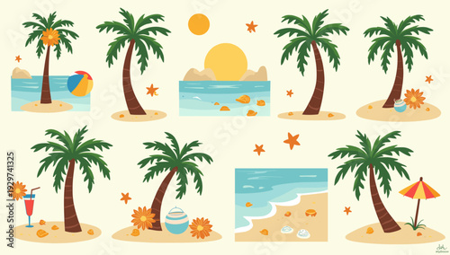 A cheerful illustration of a tropical beach with a palm tree and a vibrant drink. Perfect for summer promotions, vacation advertisements, or adding a 