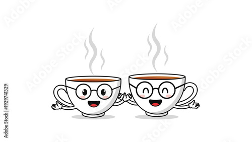 Two friendly cartoon coffee cup characters with spectacles and big smiles giving each other a high five on a white background.