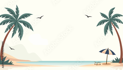 A serene and minimalist illustration of a tropical beach, perfect for evoking feelings of relaxation, escape, and wanderlust. Ideal for travel blogs o