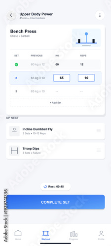 A mobile application interface displays a workout tracking screen for an upper body power session featuring bench press sets, exercise logs, and a rest timer on a clean white background.