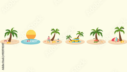 A cheerful and minimalist illustration of a tropical beach with flamingos. Perfect for vacation ads, summer content, or promoting relaxation and getaw