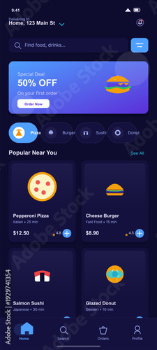 This dark mode food delivery app user interface displays various food categories, a special discount banner, and popular menu items like pizza and burgers with prices and ratings.