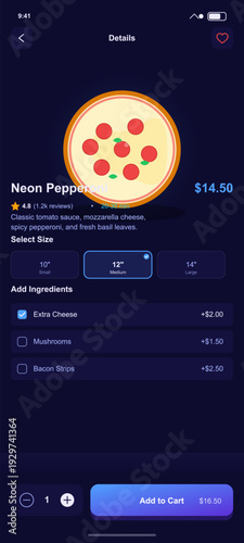 This mobile app screen displays a pizza ordering interface with a pepperoni pizza graphic, size choices, extra toppings, and a checkout button on a dark blue background.