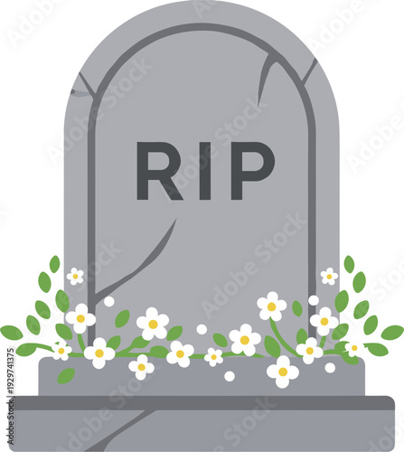 Rest in Peace Tombstone Vector Illustration with RIP Text and Decorative White Flowers for Funerals, Memorial Tributes, Cemetery Scenes, and Halloween Graveyard Graphic Designs