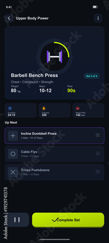This mobile app user interface features a dark mode fitness tracker for an upper body workout. It displays exercise statistics, a progress ring, and a list of upcoming weightlifting sets.