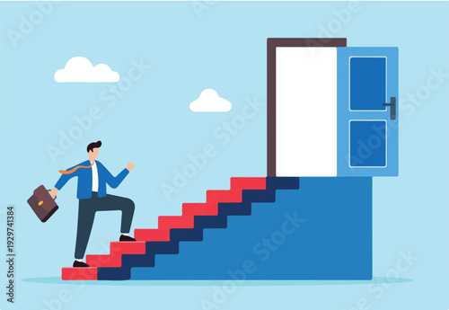 Flat illustration of businessman walks up staircase towards an open door symbolizing a new career opportunity..
