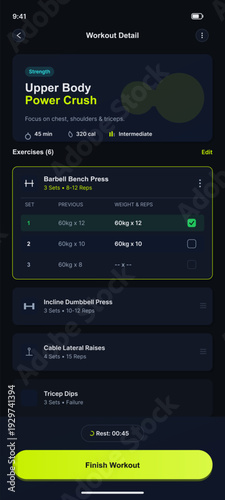 A mobile application interface displays a strength training workout plan with exercise details, sets, reps, and a finish workout button on a dark background with neon green accents.