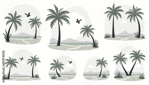 A serene illustration of a palm tree lined beach at dusk. This image evokes feelings of peace and relaxation, perfect for travel blogs, vacation promo