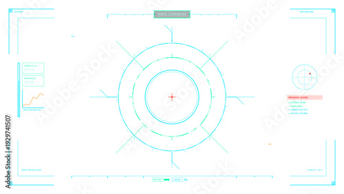 A futuristic digital heads-up display interface featuring a circular targeting reticle, technical data readouts, and a red crosshair set against a clean white background.