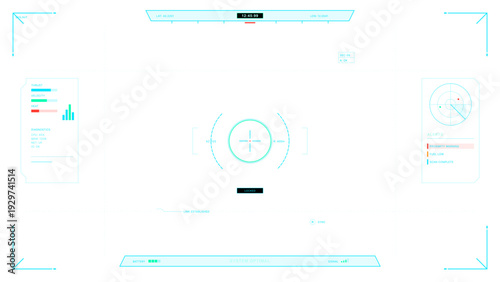 A futuristic digital head-up display interface featuring a central reticle, radar, diagnostic bars, and status alerts in cyan and red tones against a clean white background.