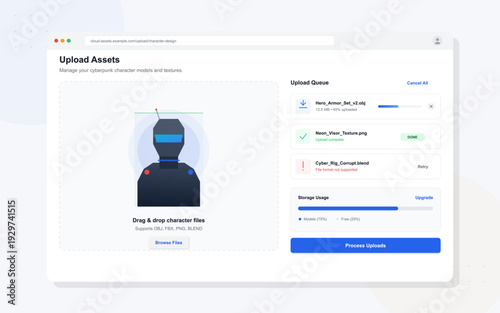 This digital illustration shows a user interface for managing cyberpunk character models. It includes a file upload queue, progress bars, status icons, and a storage usage dashboard.
