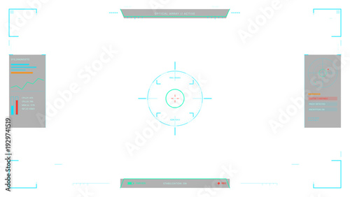 A futuristic digital heads-up display interface featuring a central targeting reticle, diagnostic data panels, and a radar scanner on a clean white background for a sci-fi aesthetic.