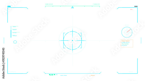 This futuristic heads-up display interface shows a central targeting reticle, radar, and technical flight data indicators in cyan lines against a minimalist white background.
