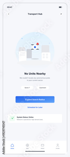 A mobile application interface for a transport hub showing a message that no autonomous pods are nearby in the current sector. It features a blue button to expand the search radius.