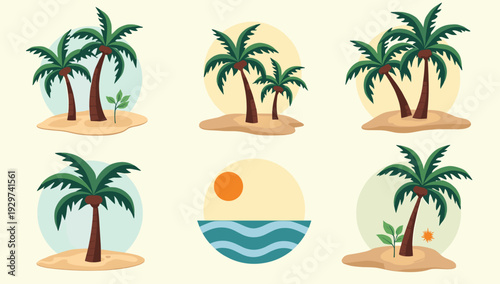 A calming illustration of palm trees on idyllic islands. Perfect for vacation themed content, representing relaxation, escape, and tropical destinatio
