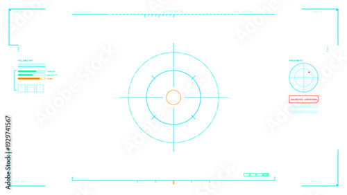 A futuristic digital heads-up display interface featuring a central targeting reticle, telemetry data bars, and a proximity radar with a warning alert on a clean white background.