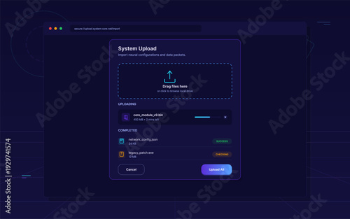 A digital interface displays a system upload window with a drag and drop zone, file progress bars, and status indicators for various data packets and configuration files.