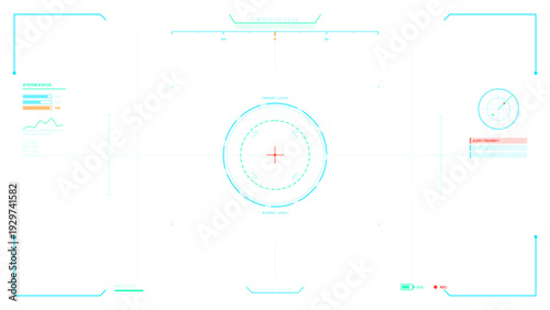 A futuristic digital heads-up display interface featuring a central target lock crosshair, radar, system status indicators, and a proximity alert on a clean white background.