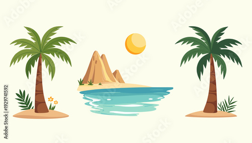 A cheerful illustration of a palm tree with bright flowers evokes a sense of relaxation and paradise. Ideal for travel agencies, summer promotions, or