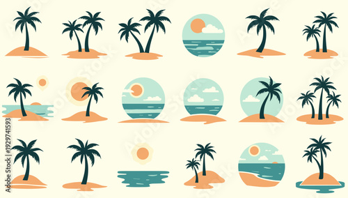 A relaxing and vibrant tropical pattern featuring palm trees, islands, and a sun. Ideal for backgrounds, summer themes, and travel-related content. Ev
