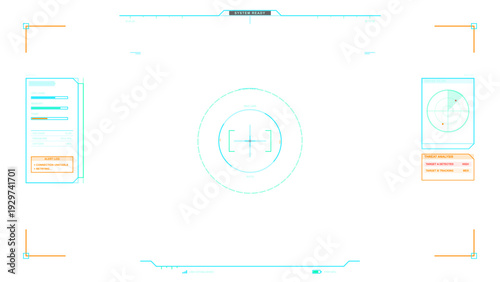 A futuristic digital heads-up display interface featuring a central reticle, radar scan, system status bars, and threat analysis data on a clean white background for a sci-fi look.