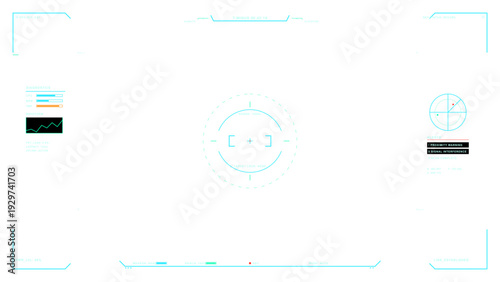 A futuristic heads-up display interface with a central targeting reticle, radar scanner, and diagnostic data overlays on a clean white background for a sci-fi aesthetic.