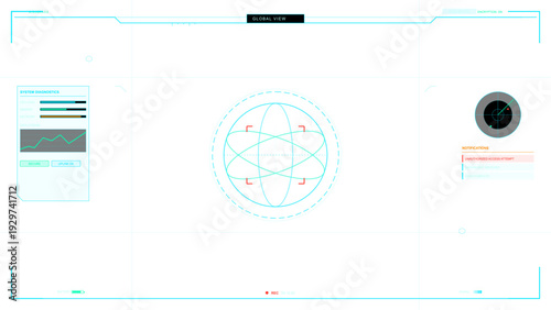 A futuristic digital HUD interface featuring a central wireframe globe, system diagnostics panels, and security notifications on a clean white background.