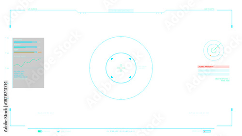 A futuristic digital heads up display interface featuring a central targeting reticle, system diagnostics, network traffic graphs, and a proximity alert on a clean white background.