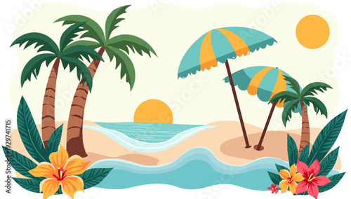 A vibrant illustration evoking a sense of paradise and relaxation. Perfect for travel promotions, summer campaigns, or designs needing a touch of exot