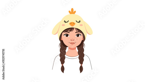 Portrait of a young girl with braids wearing a yellow chick hat with closed eyes and a small beak creates a whimsical and soft character design.
