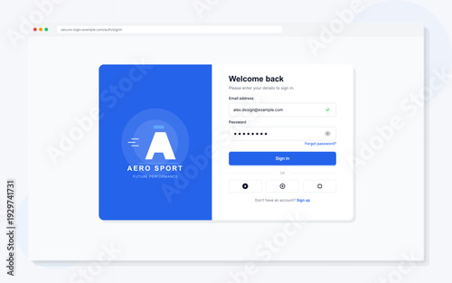 A modern website login page interface featuring a blue side panel with a logo and a white form for email and password entry. The design includes a sign in button and social icons.