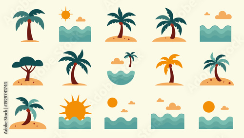 A vibrant, minimalist illustration of palm and other tropical trees. Perfect for backgrounds, travel themed designs, or conveying a relaxed, summery m