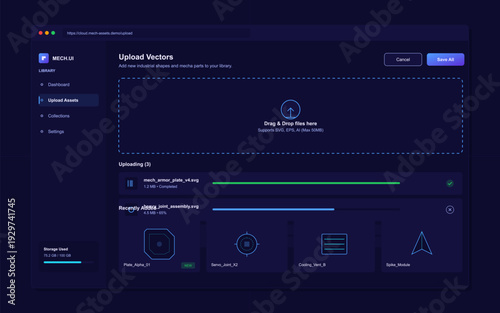 A dark mode user interface for a vector asset management platform showing file upload progress, drag and drop area, and a library of industrial mechanical shapes and icons.