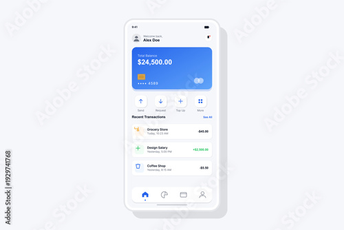 A clean mobile banking application interface displayed on a smartphone screen showing account balance, recent transactions, and financial management features in a modern minimalist style.