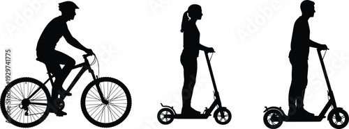 Bicycle and electric scooter riders silhouettes, urban eco transportation commuting concept, modern personal mobility devices isolated black white vector illustration set