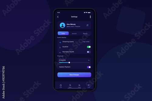 A mobile phone screen shows a music player settings menu with audio quality and playback controls. The user interface has a modern dark theme with blue and purple accents.