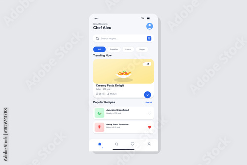 This mobile app user interface displays a recipe search screen with categories for breakfast and lunch, featuring illustrated food cards for pasta, salad, and fruit smoothies.