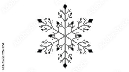 Highly detailed black snowflake graphic featuring thin lines and complex geometric patterns offers a sophisticated winter icon for seasonal decorations.