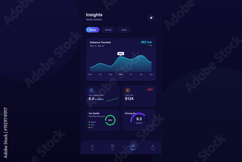 A mobile application interface displays car performance insights including distance traveled, fuel consumption, and vehicle health statistics on a dark modern dashboard design.