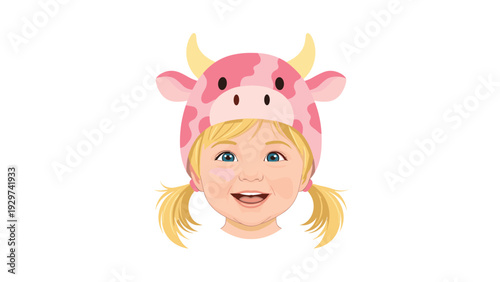 Smiling toddler girl with blonde pigtails wearing a pink cow-themed hat with small horns in a cheerful and bright vector character illustration.