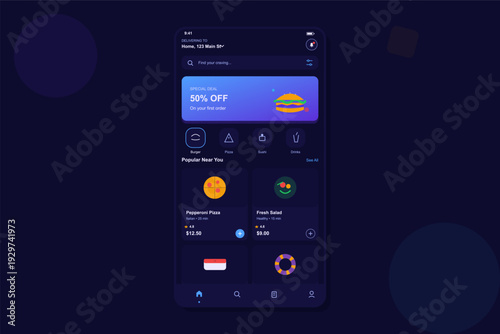 This dark mode mobile app interface displays food delivery options including pizza and salad with a promotional discount banner and navigation icons on a deep blue background.