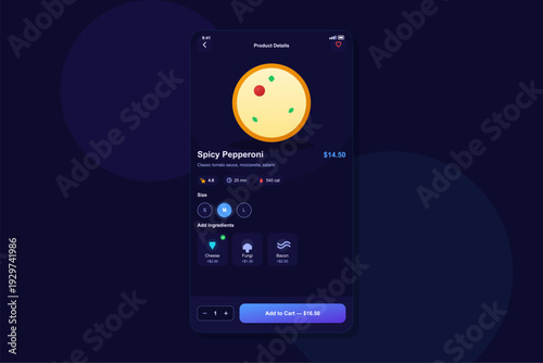A mobile application interface showing a product details page for a spicy pepperoni pizza with options for size, extra ingredients, and a button to add the item to a digital cart.